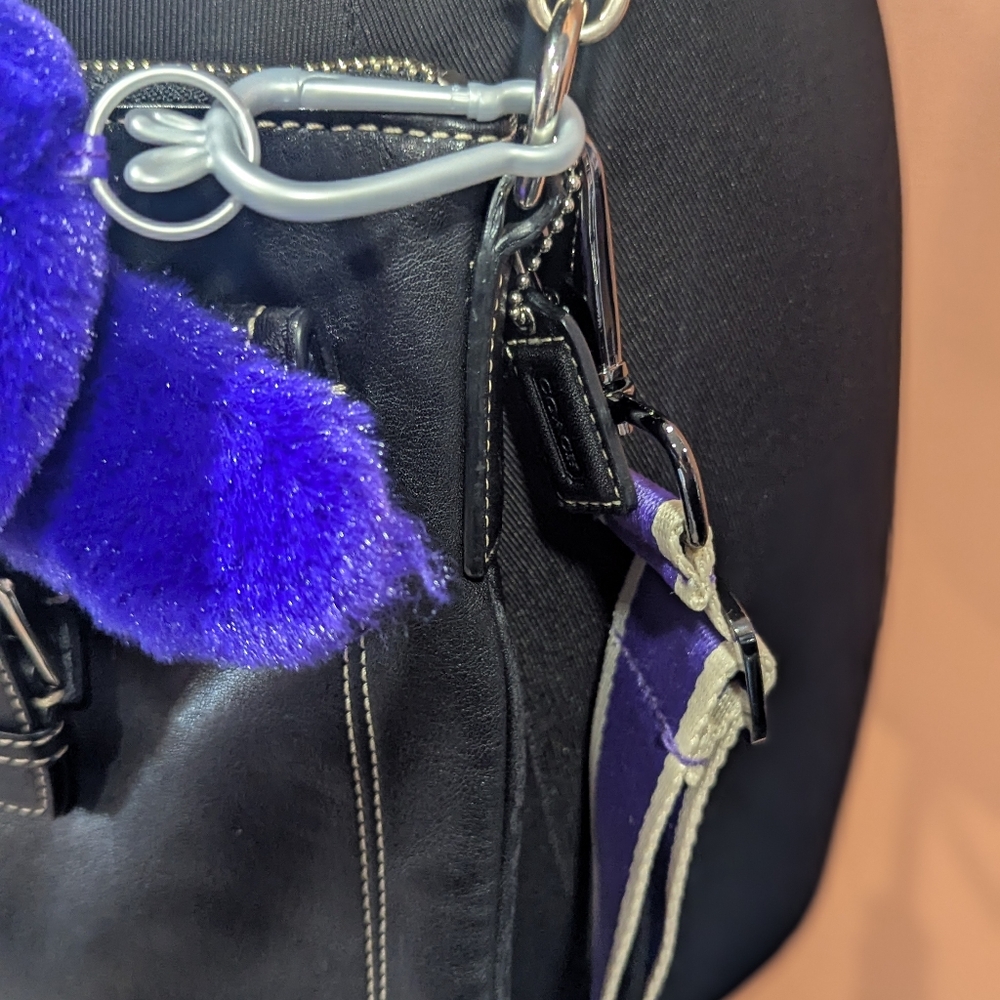 Coach Crossbody Black Leather Bag With Purple Strap Y2K Mini Flap Handbag - Picture 11 of 16